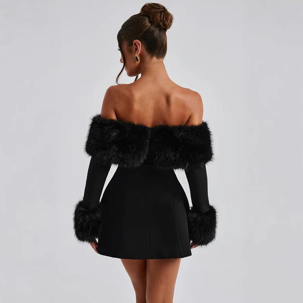 Robe de soirée luxueuse et sexy à col en fourrure noire