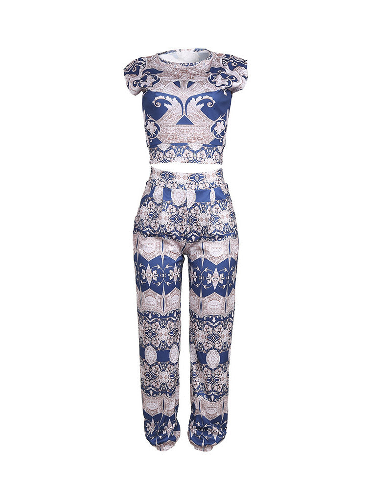 Printed Crop Top Pants Set