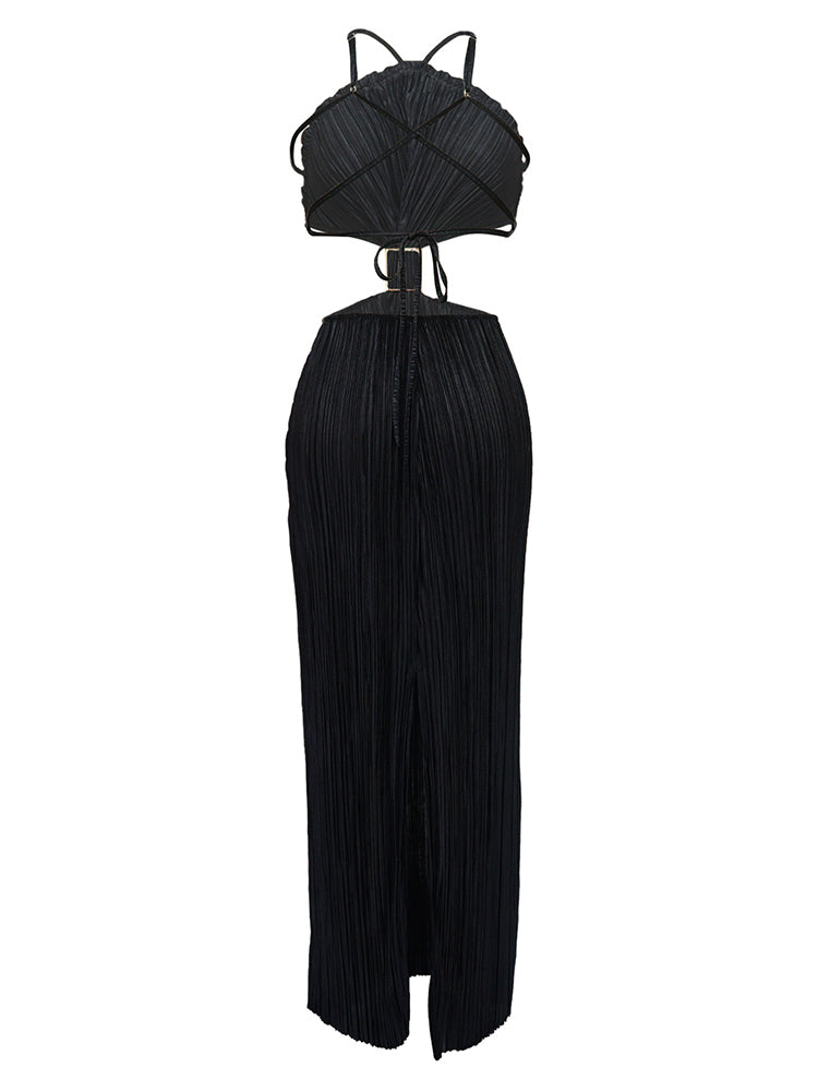 Halter Cutout Pleated Dresses