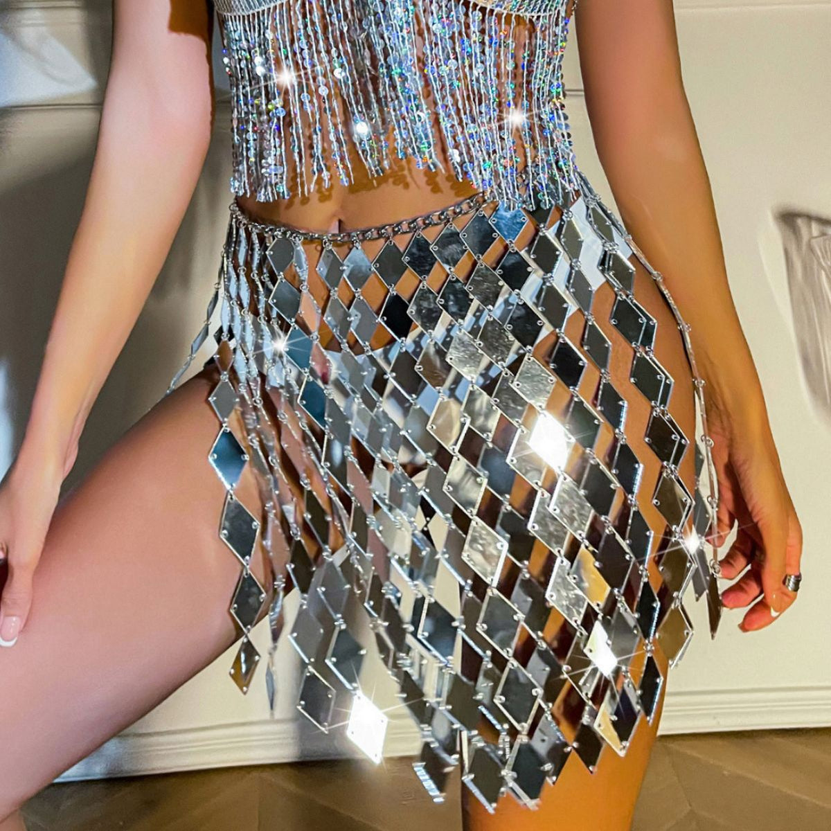 Celebration Silver Sequin Fringe Mini Skirt