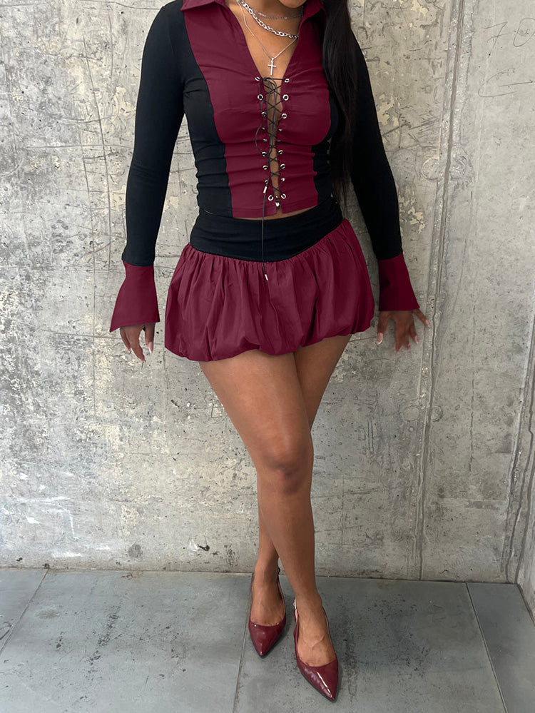 Lace-Up Top  Bubble Skort Set