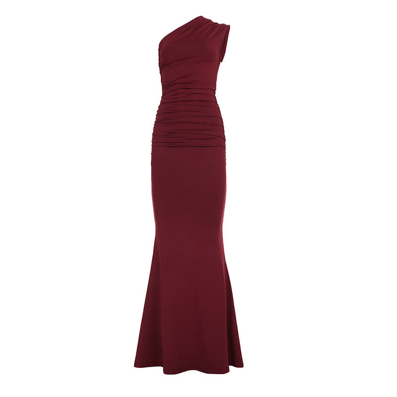 Charming Burgundy One Shoulder Maxi Dress