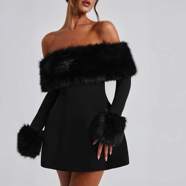 Robe de soirée luxueuse et sexy à col en fourrure noire