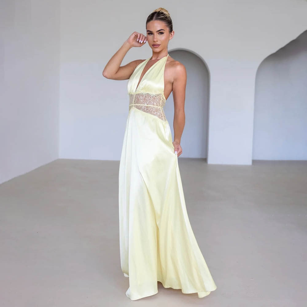 Robe longue dos nu élégante en dentelle à empiècements pour dîner