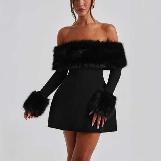 Robe de soirée luxueuse et sexy à col en fourrure noire