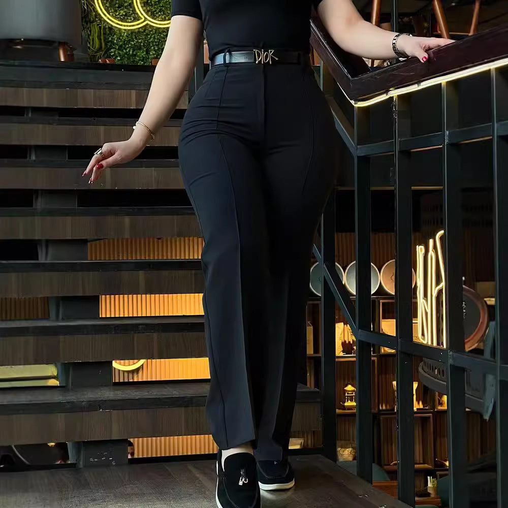 Pantalon chic slim taille haute à jambes droites 