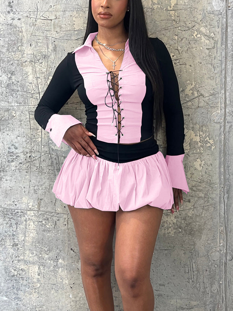 Lace-Up Top  Bubble Skort Set