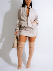 Leather Jacket  Ruched Skirt Set