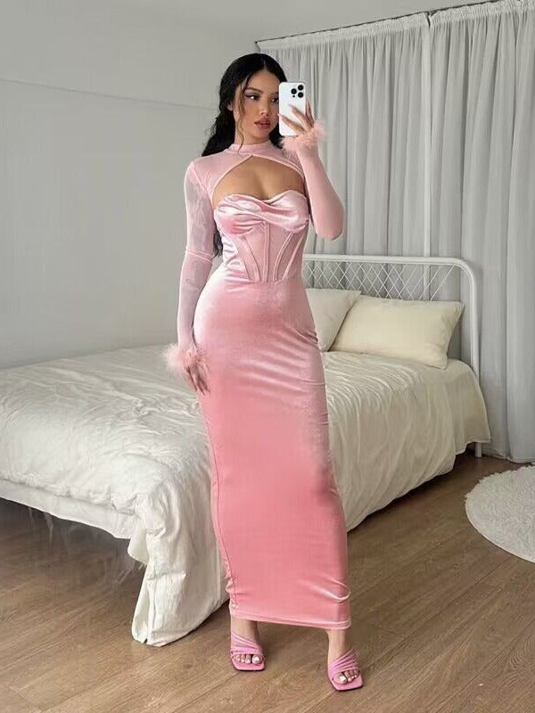 Evening Feather-Decorated Velvet Maxi Dress