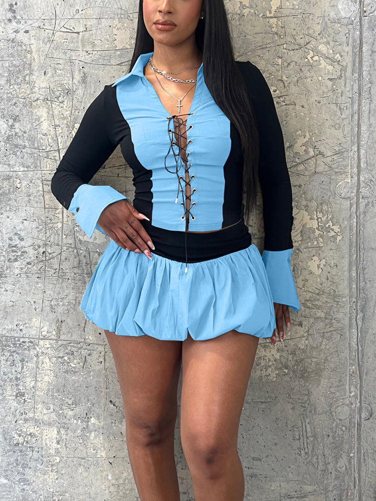 Lace-Up Top  Bubble Skort Set