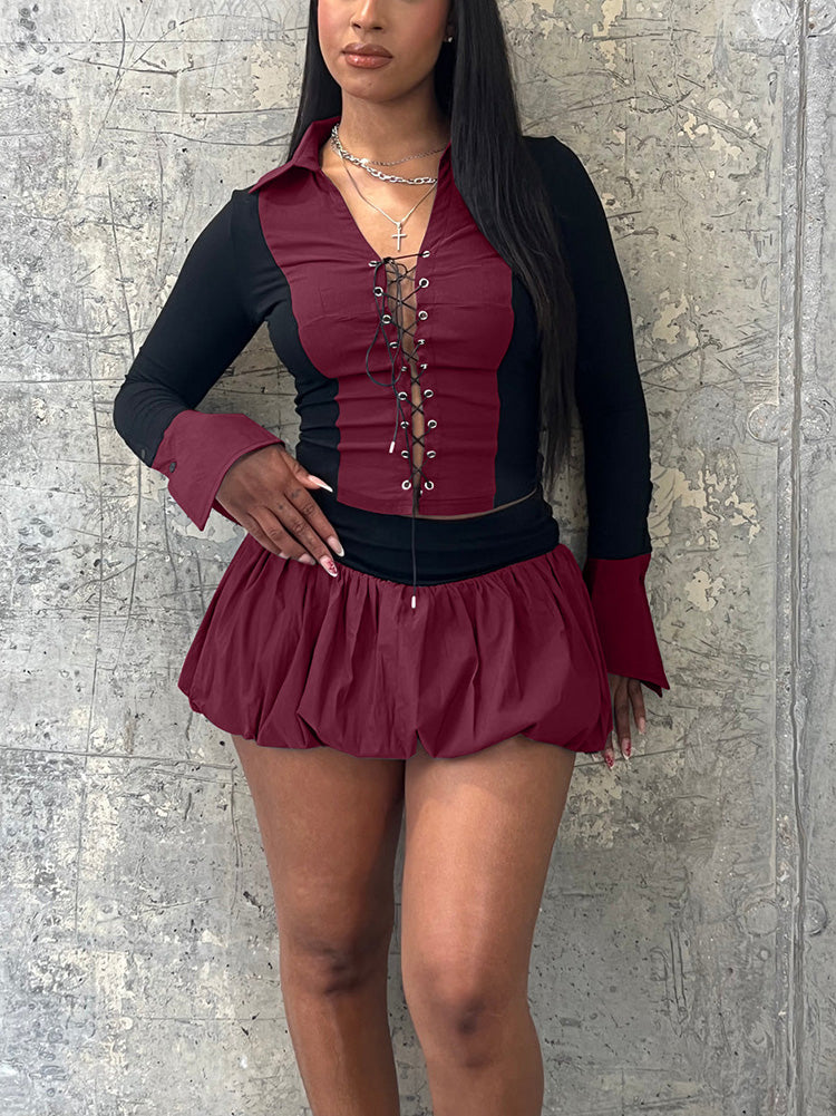 Lace-Up Top  Bubble Skort Set