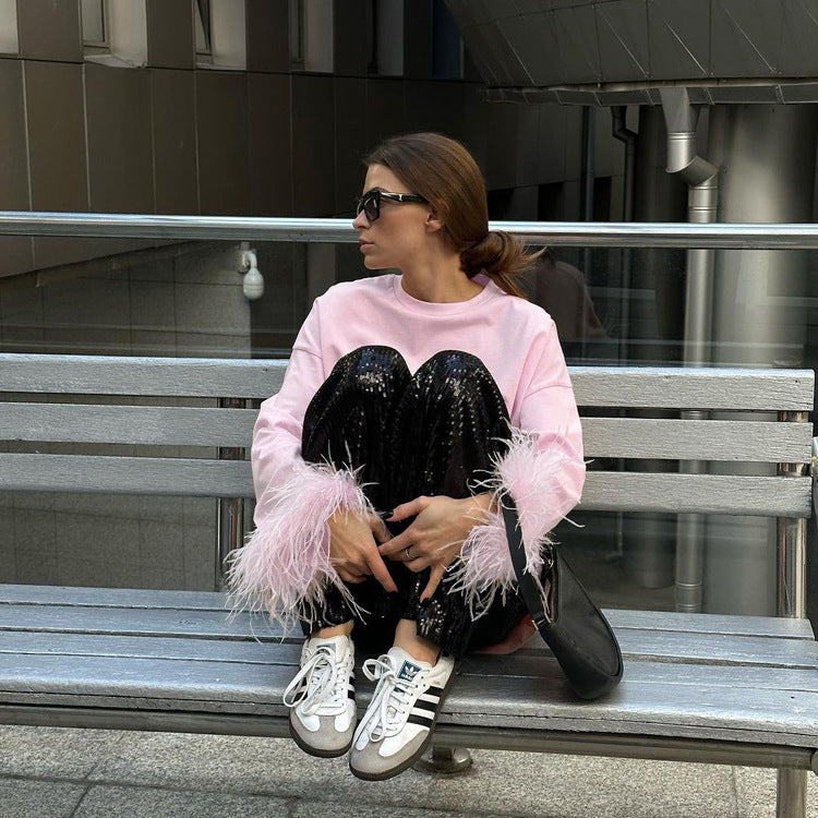 Dreamy Pink Feather Sleeve T-shirt