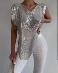 T-shirt à paillettes métalliques futuristes pour festival