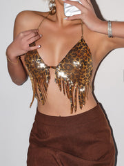 Party Daring Leopard Print Fringed Halter Top