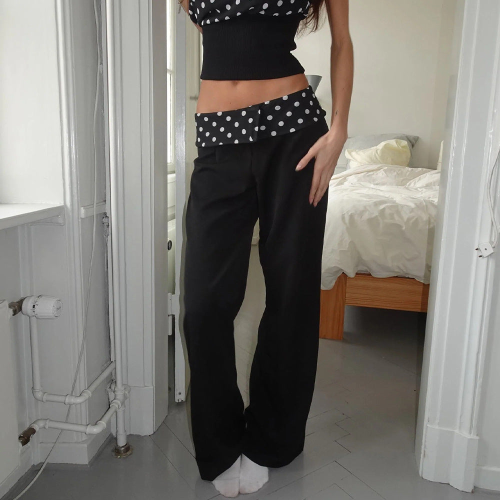 Casual Classic Polka Dot Waist Foldover Straight Leg Pants