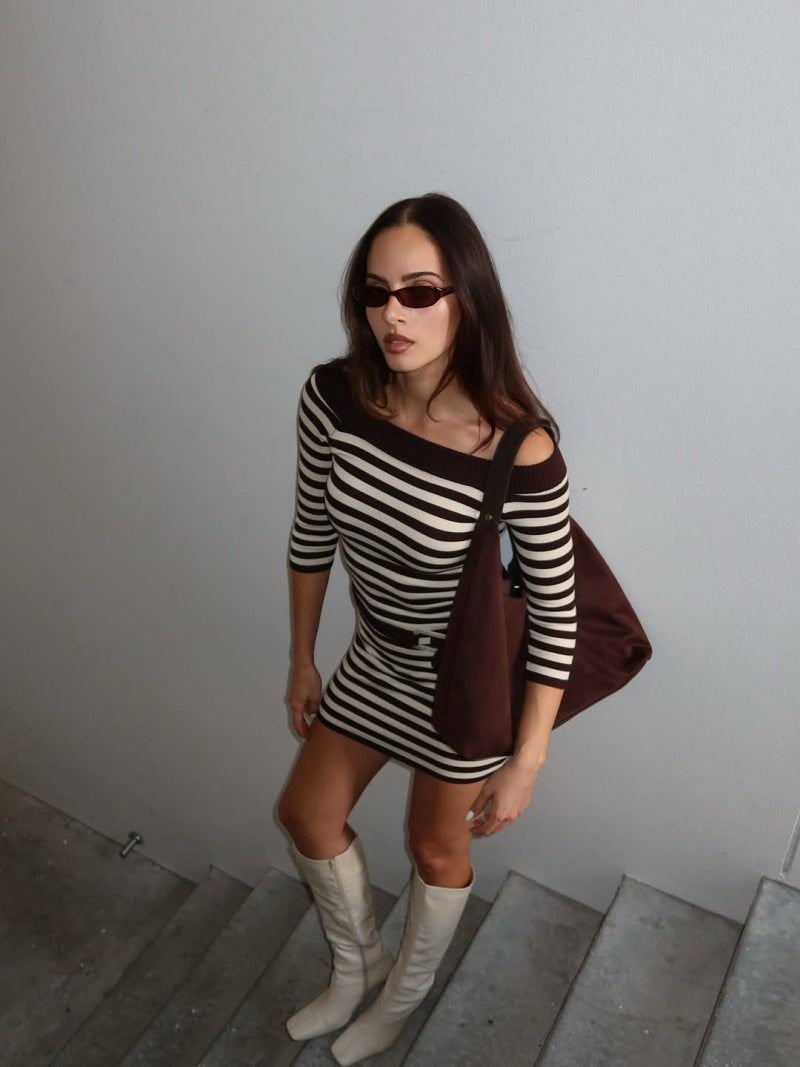 Time Striped Off-Shoulder Long Sleeve Dress