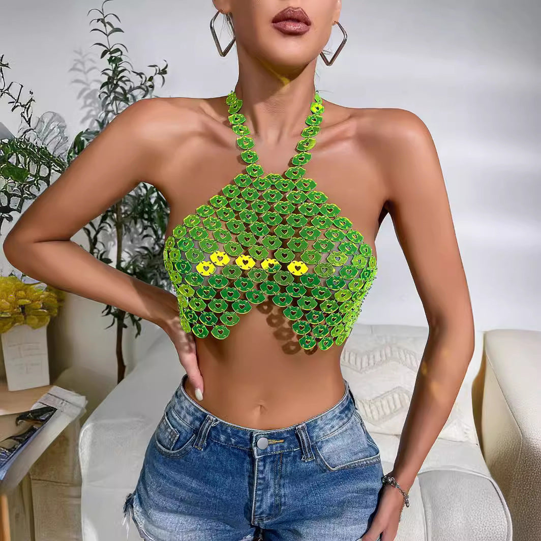 Vacation Green Fresh Natural Sequin Halter Top