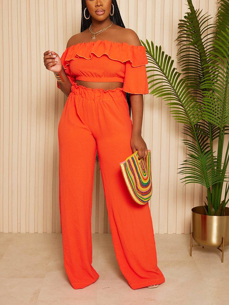 Ruffle Crop Top  Wide Pants Set
