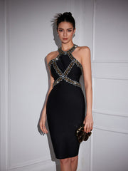 Halterneck Rhinestone Bandage Midi Dress