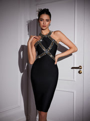 Halterneck Rhinestone Bandage Midi Dress