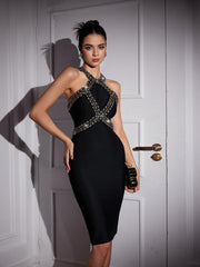 Halterneck Rhinestone Bandage Midi Dress