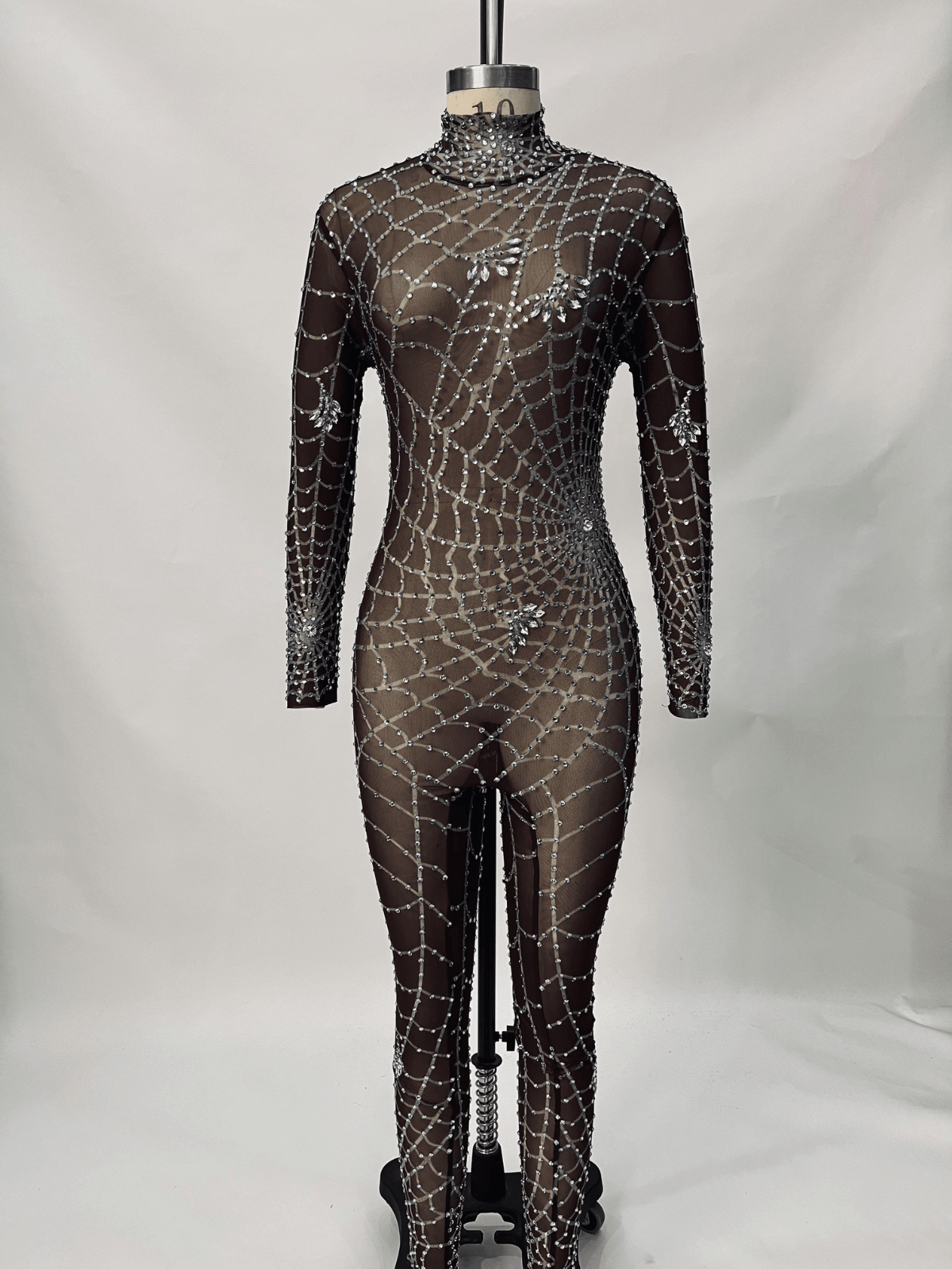 Cobweb Print Embellished Jumpsuit In Chocolate