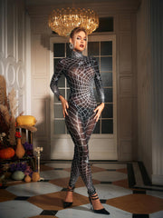 Cobweb Print Embellished Jumpsuit In Chocolate