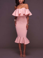 Off  Shoulder Ruffle Bodycon Midi Dresses