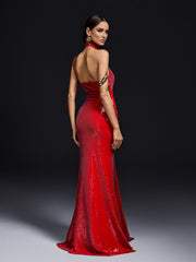 Robe longue à sequins dos nu et à nouer