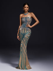 Robe bustier en résille imprimée de strass 