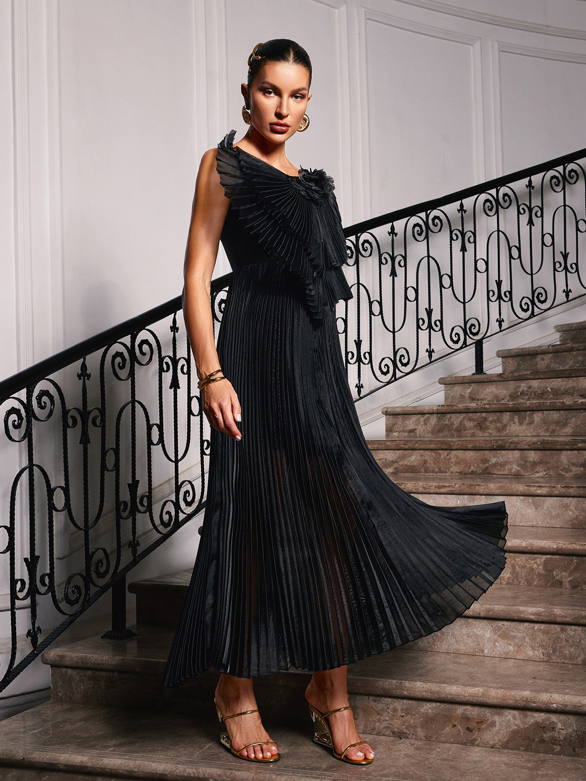 Spaghetti Bow Flower Ruched Dress