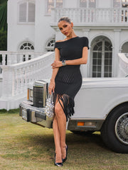 One Shoulder Fringe Midi Dress In Black