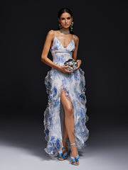 Robe longue à bretelles spaghetti, à fleurs, fendue et à volants 