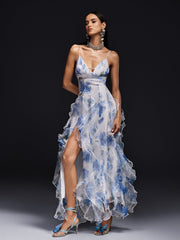 Robe longue à bretelles spaghetti, à fleurs, fendue et à volants 