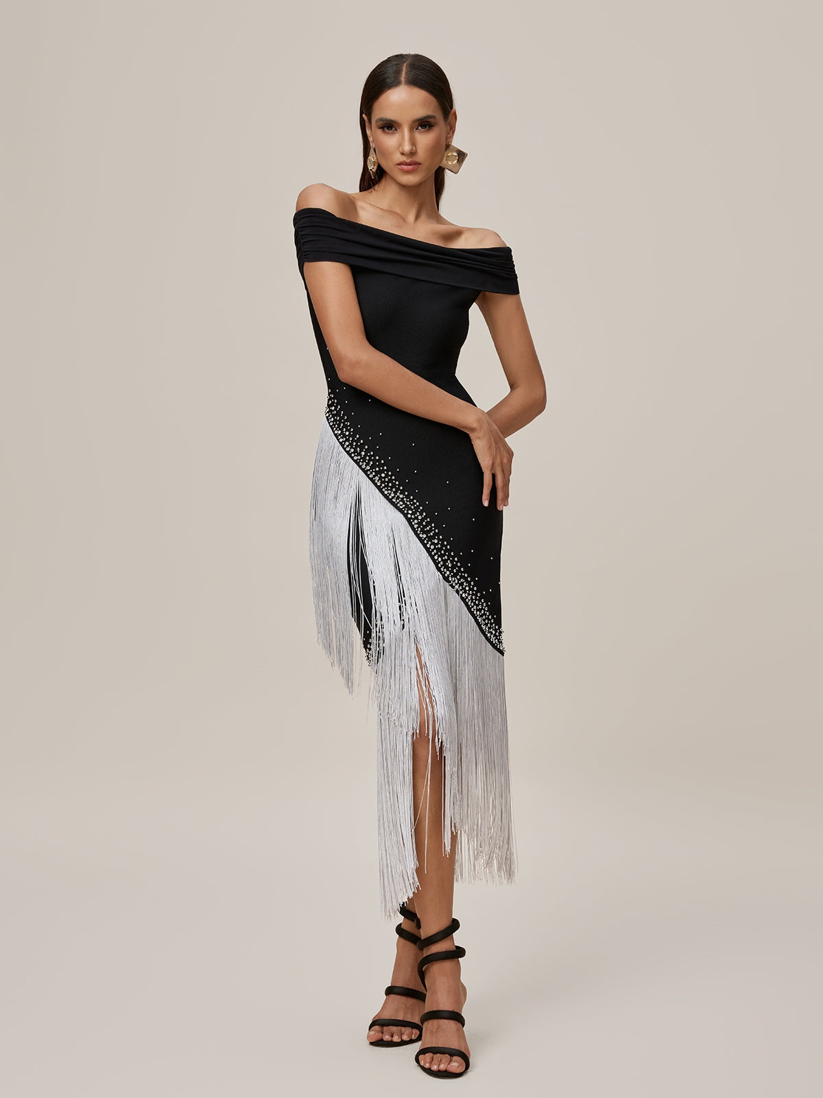 Off Shoulder Fringe Bandage Midi Dress