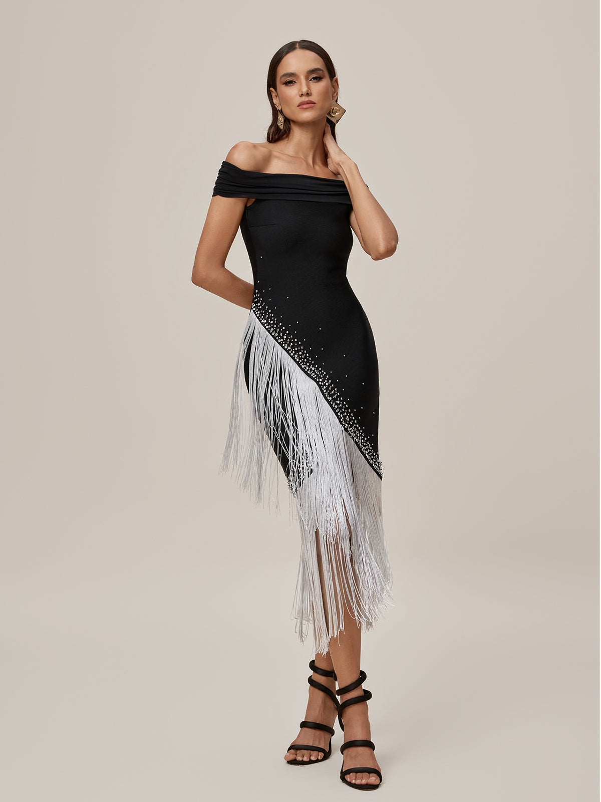 Off Shoulder Fringe Bandage Midi Dress