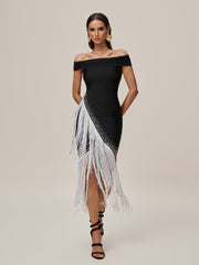 Off Shoulder Fringe Bandage Midi Dress