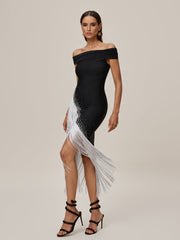 Off Shoulder Fringe Bandage Midi Dress