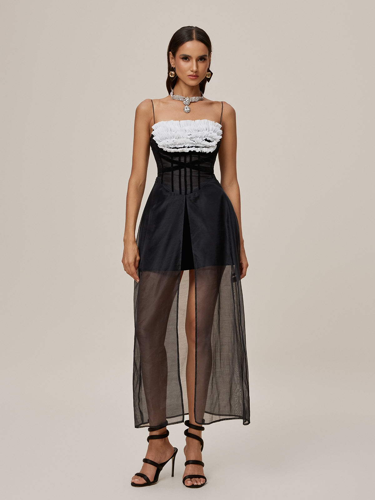 Robe maxi fendue en résille spaghetti 