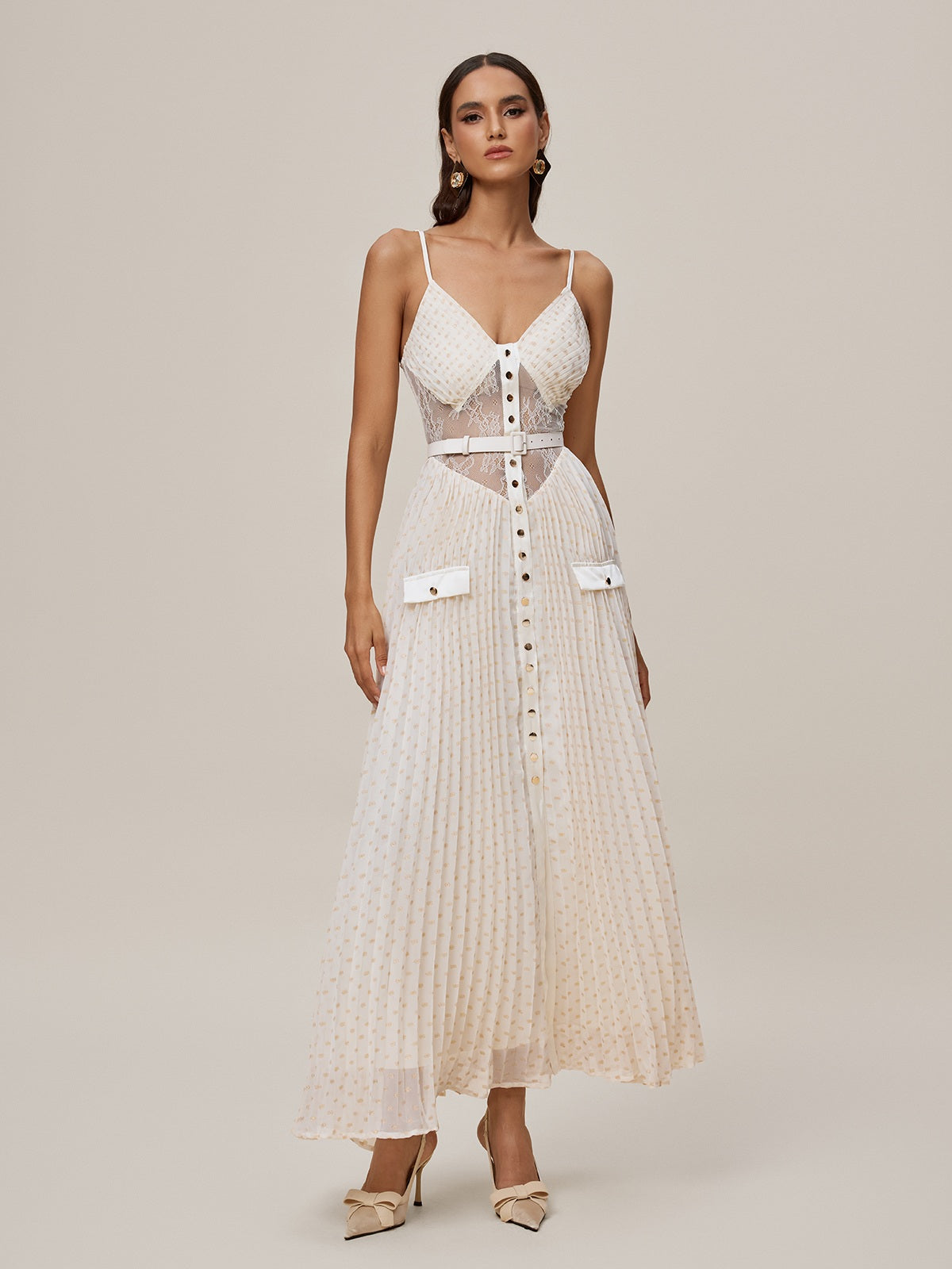 Spaghetti Lace Button Maxi Dress