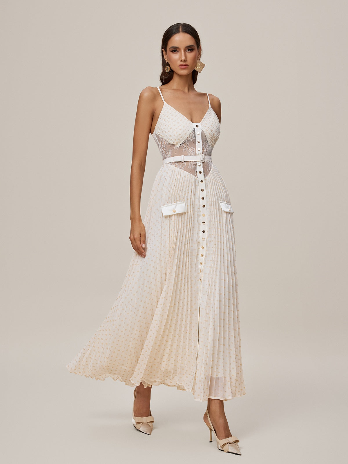 Spaghetti Lace Button Maxi Dress