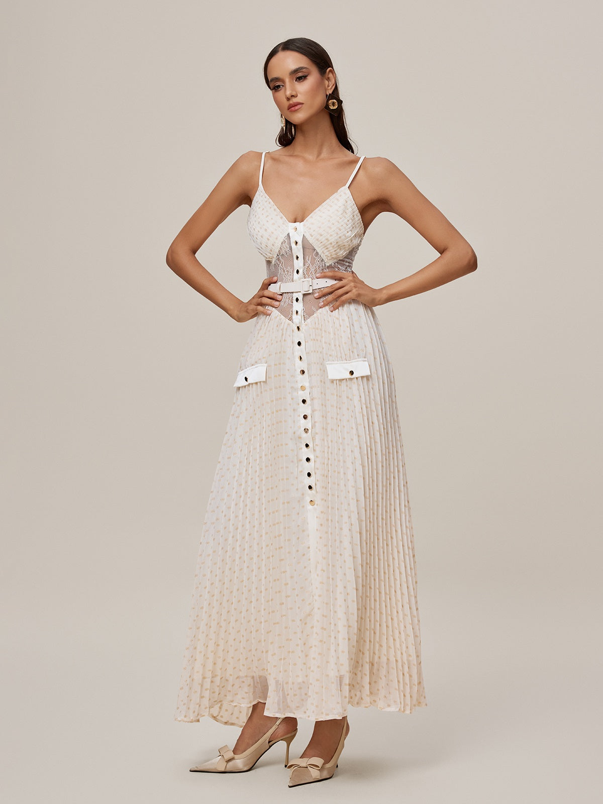 Spaghetti Lace Button Maxi Dress