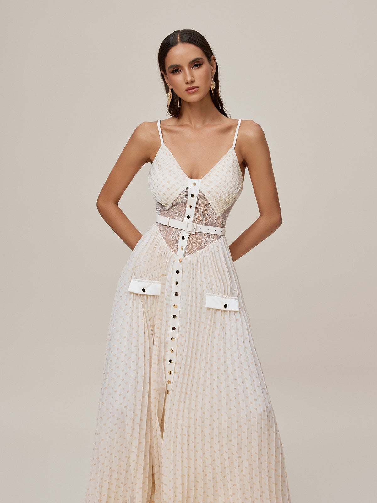 Spaghetti Lace Button Maxi Dress