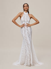 Robe longue en dentelle à col halter 