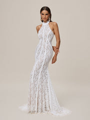 Robe longue en dentelle à col halter 