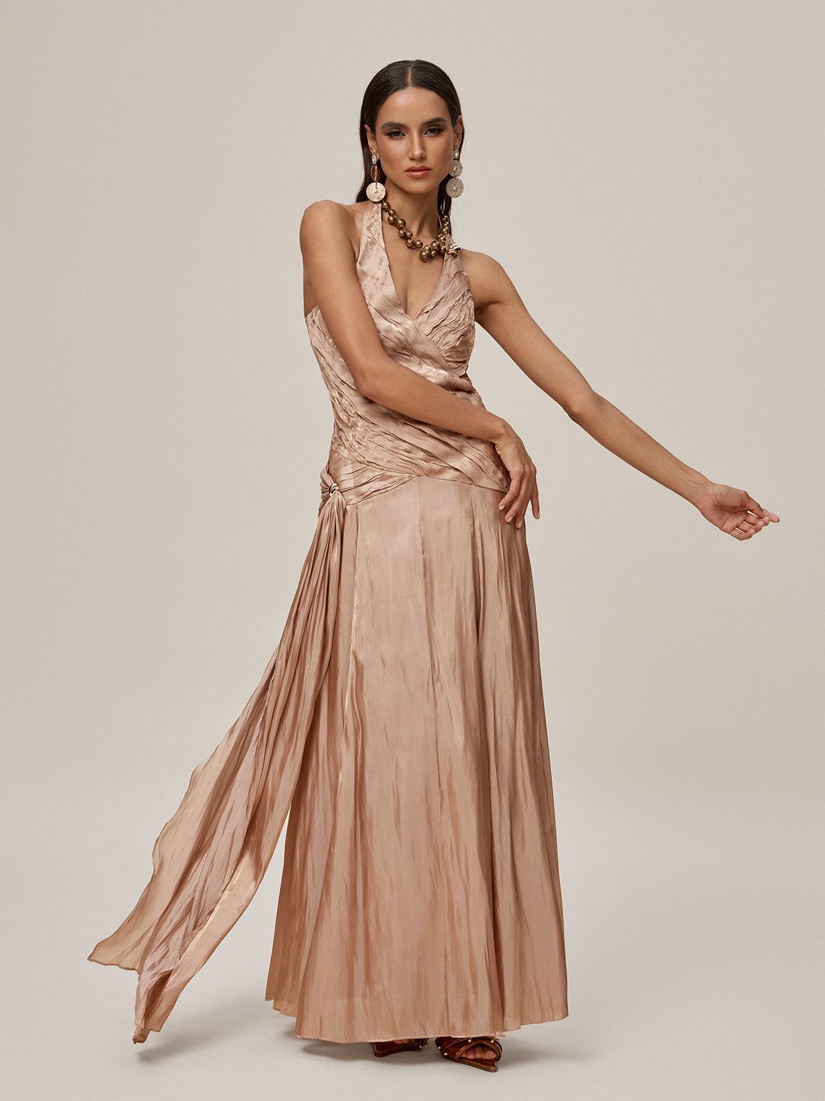 Halterneck Ruched Draped Maxi Dress