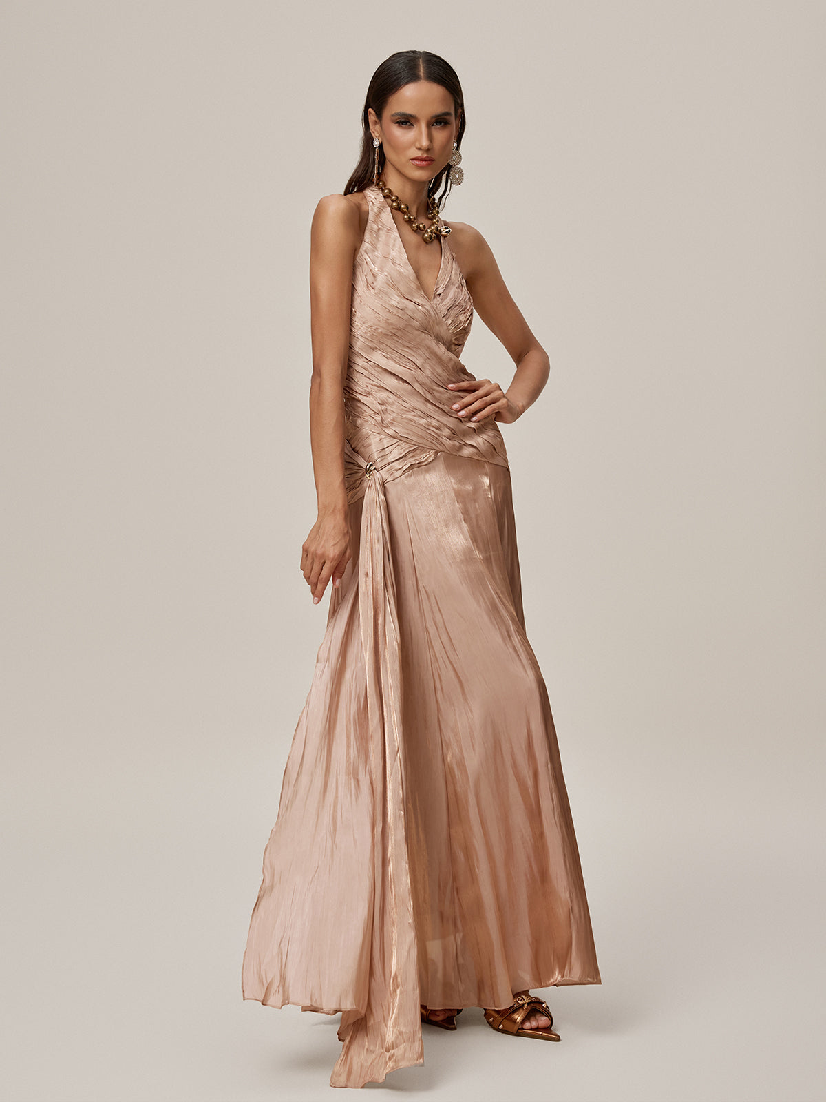 Halterneck Ruched Draped Maxi Dress