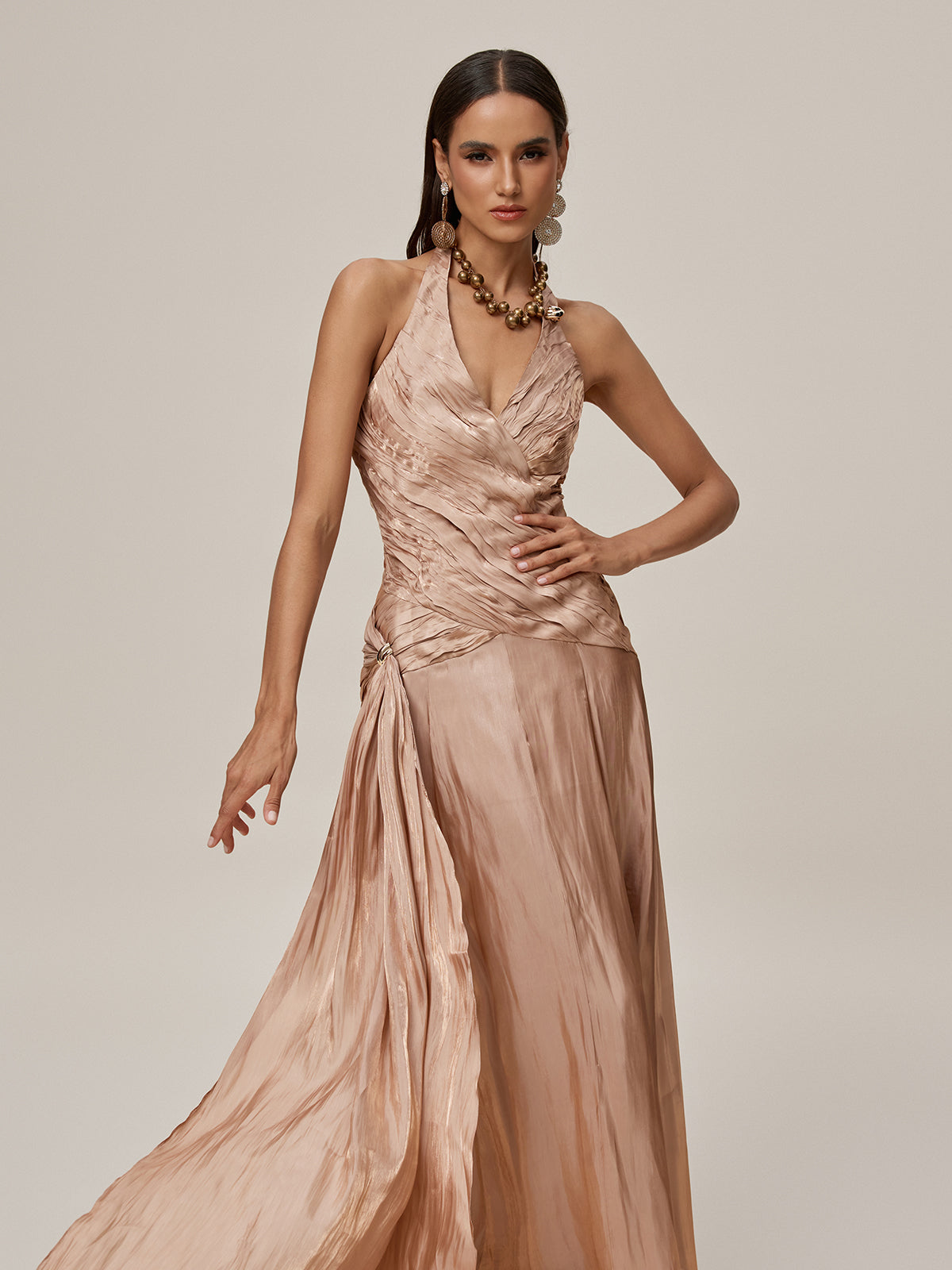 Halterneck Ruched Draped Maxi Dress