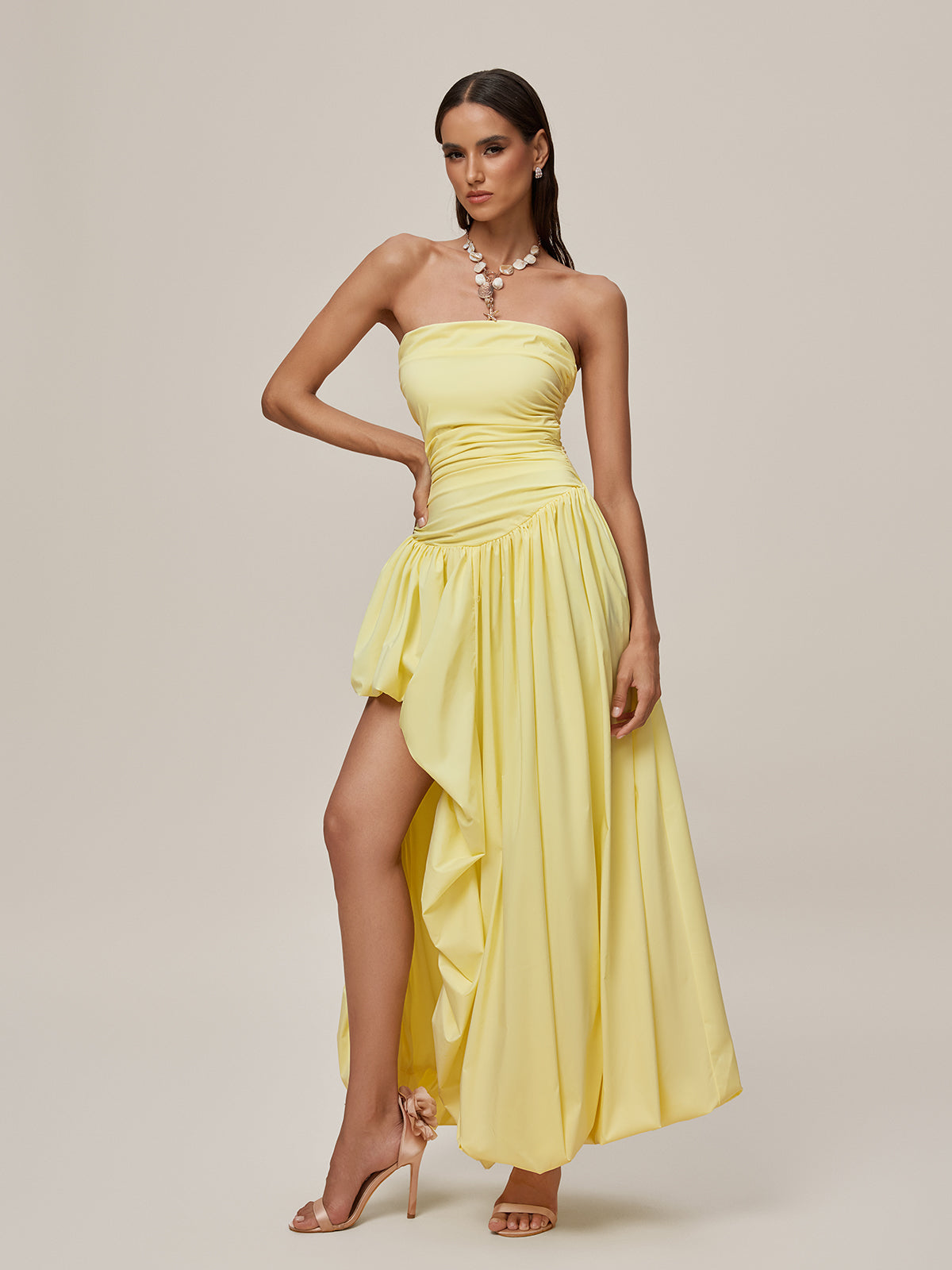 Strapless Lace Up Bubble Maxi Dress