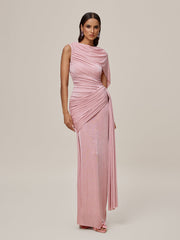 Robe longue drapée à châle froncée 